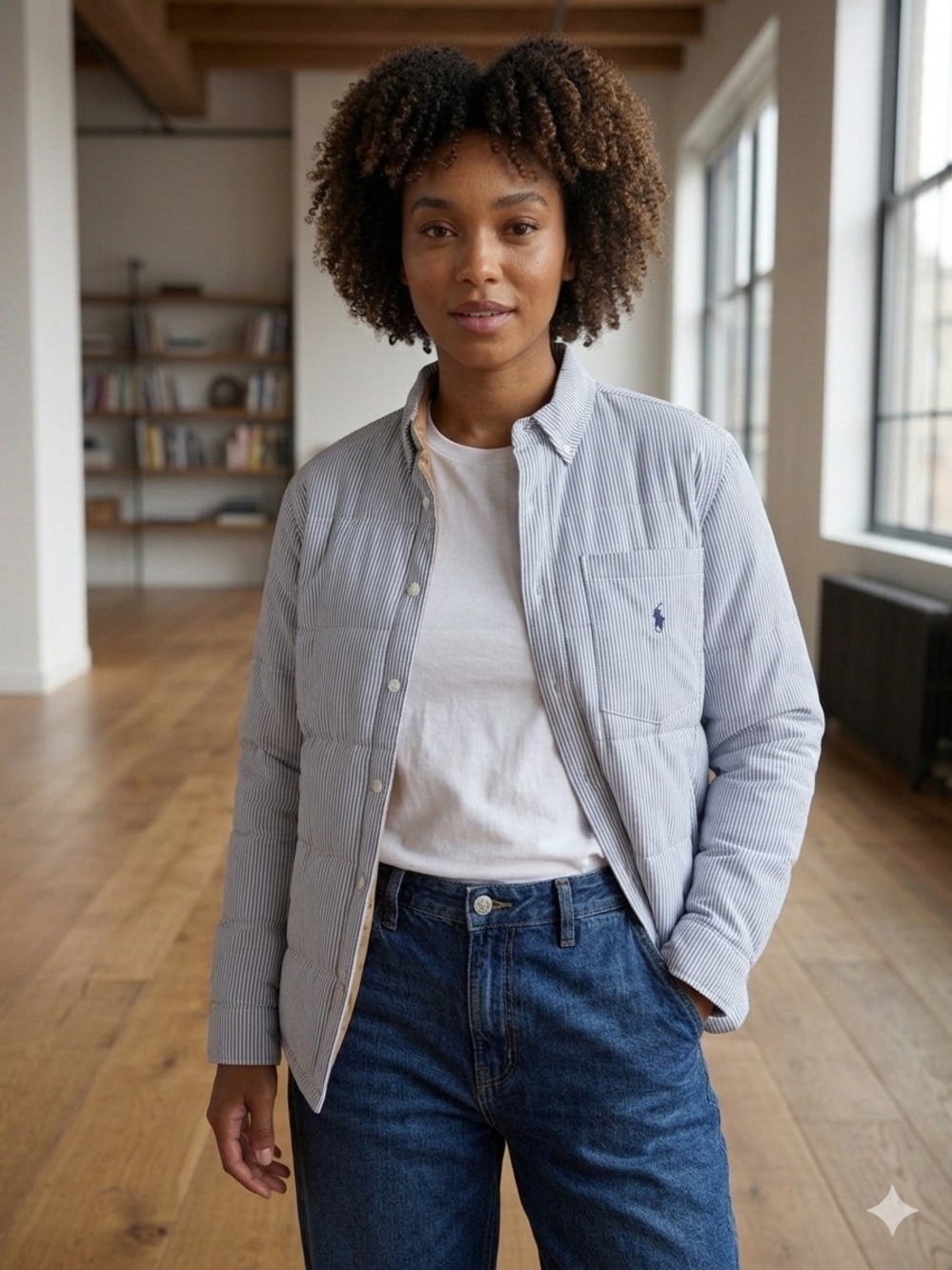 Striped Light Blue Quilted Puffer Shirt Jacket